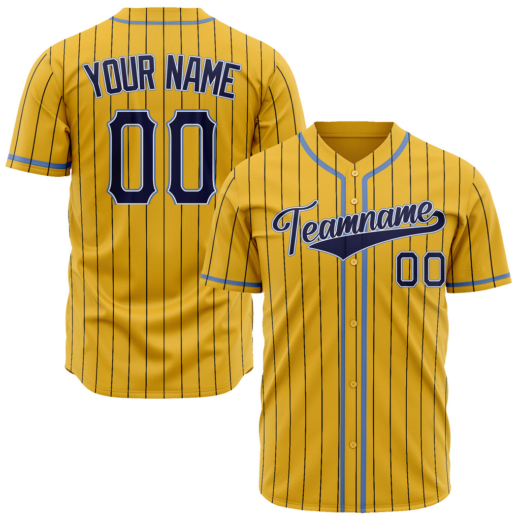 Custom Yellow Baseball Jersey (With Navy Black Pinstripe)