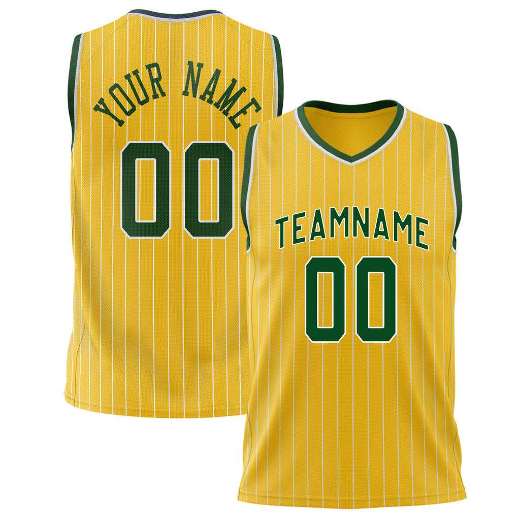 Custom Gold Kelly Green Pinstripe Basketball Jersey BS02240626CS066