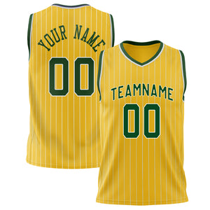 Custom Gold Kelly Green Pinstripe Basketball Jersey BS02240626CS066
