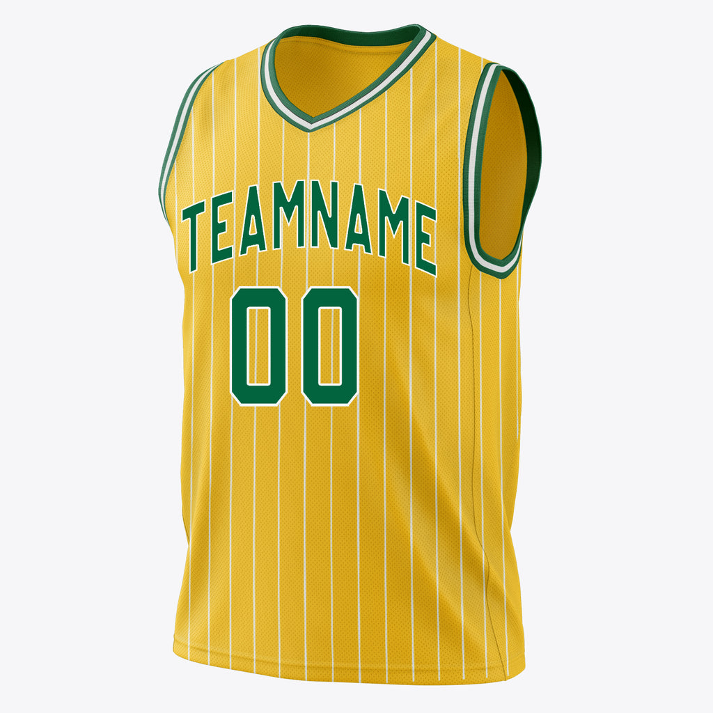 Custom Gold Kelly Green Pinstripe Basketball Jersey
