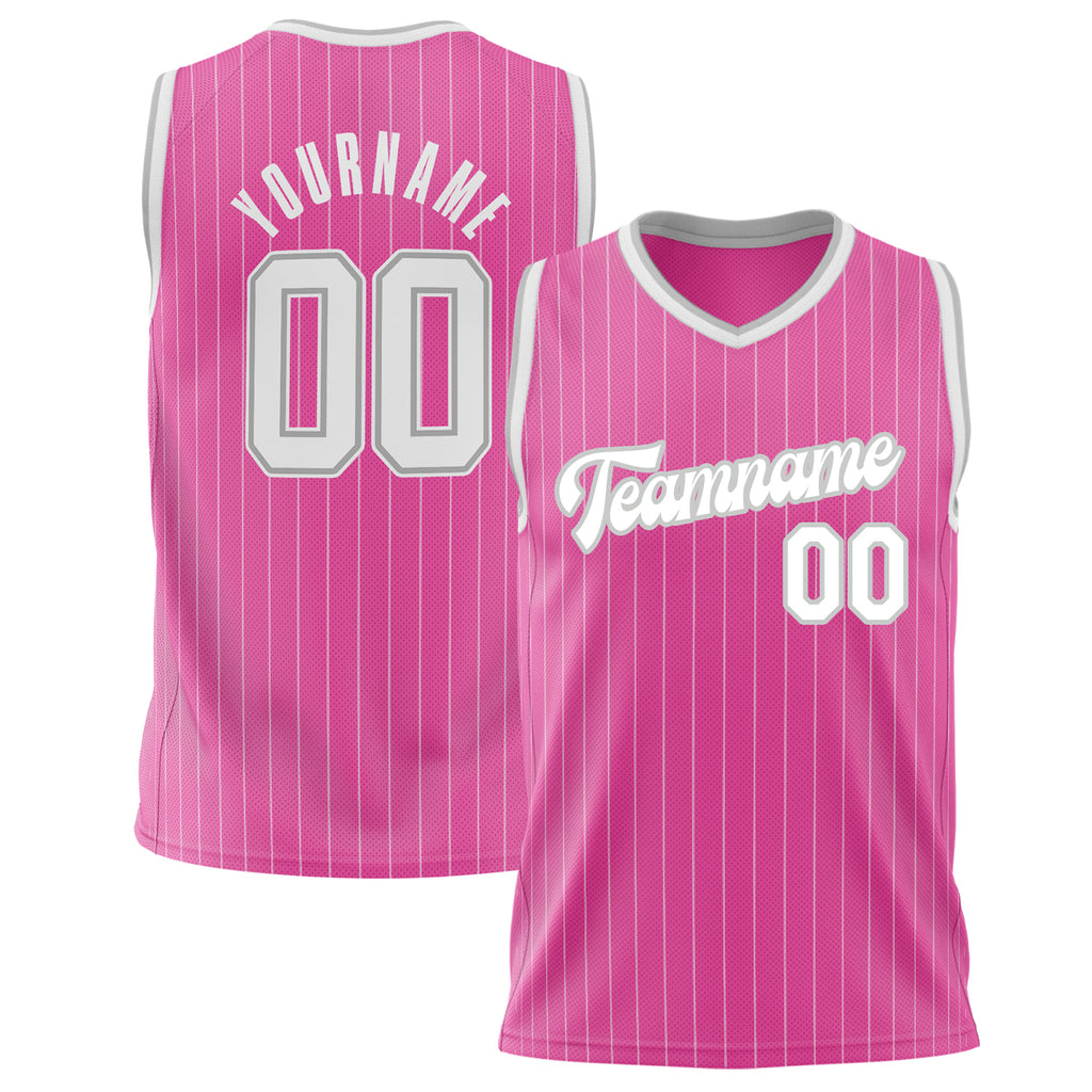 Custom Pink White Pinstripe Basketball Jersey BS02240626JX172