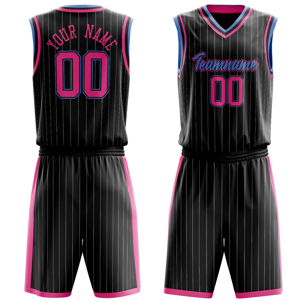 Custom Black Pink Pinstripe Basketball Jersey