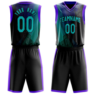 Custom Black Teal Pattern Basketball Jersey BS03240809XF056