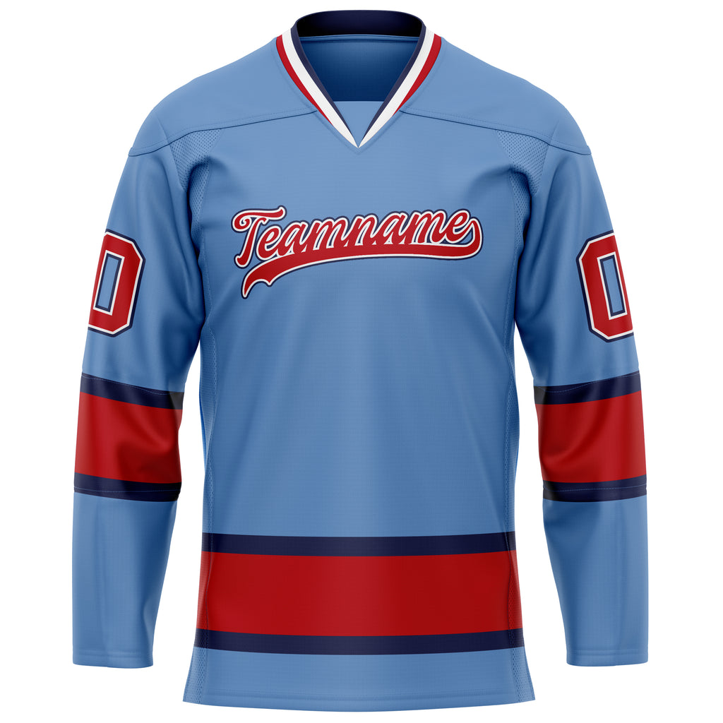 Custom Light Blue Red Solid Colour Hockey Jersey