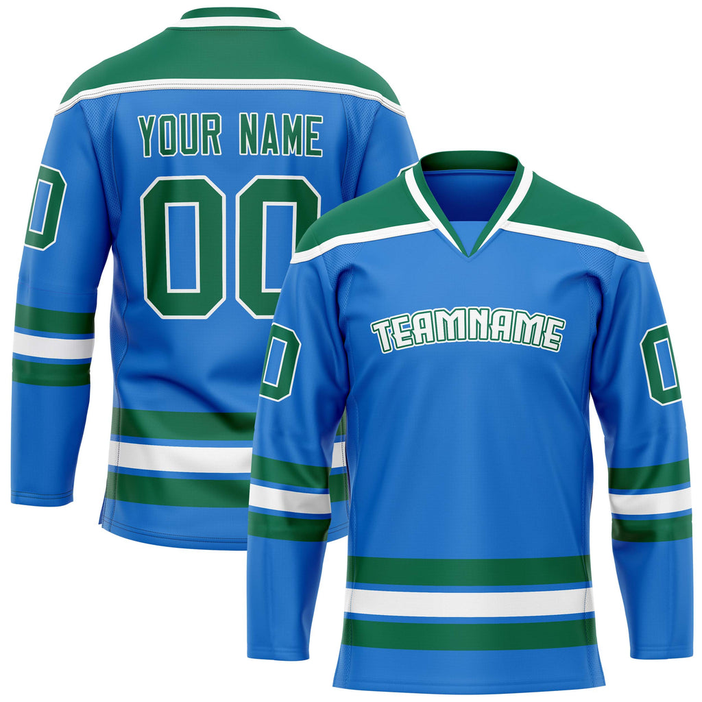 Custom Powder Blue Kelly Green Solid Colour Hockey Jersey