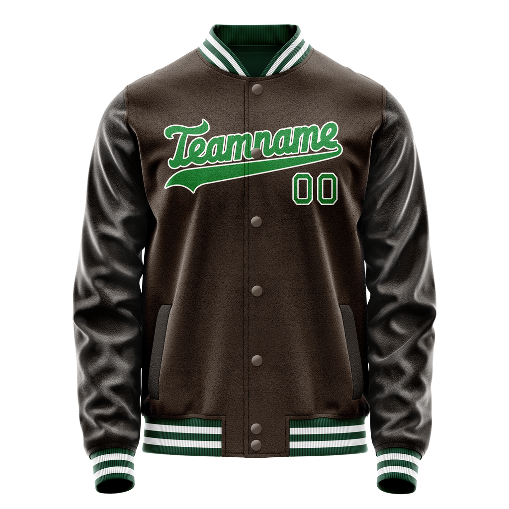 Custom Brown Neon-Green Solid Color Varsity Letterman Jacket