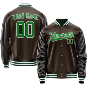 Custom Brown Neon-Green Solid Color Varsity Letterman Jacket