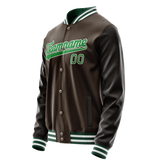 Custom Brown Neon-Green Solid Color Varsity Letterman Jacket
