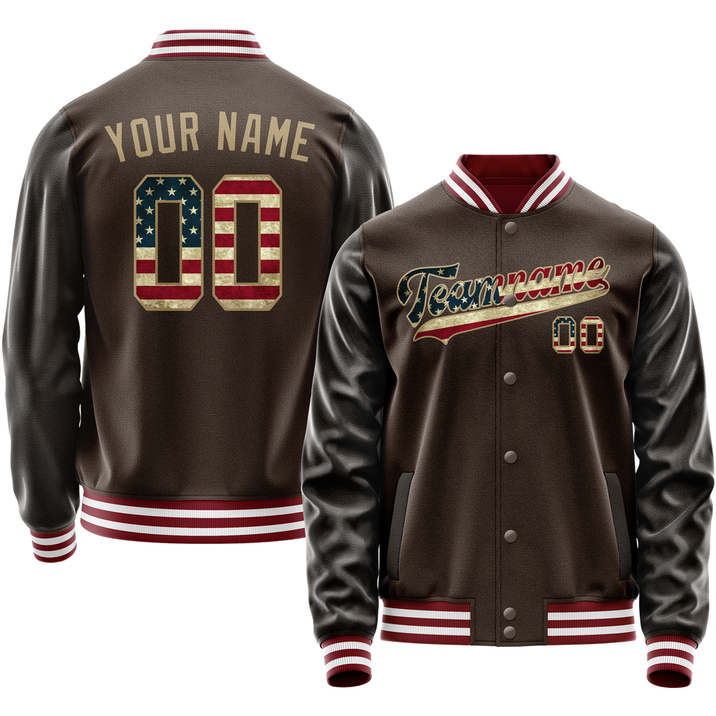 Custom Brown Cream Vintage Usa Flag Varsity Letterman Jacket
