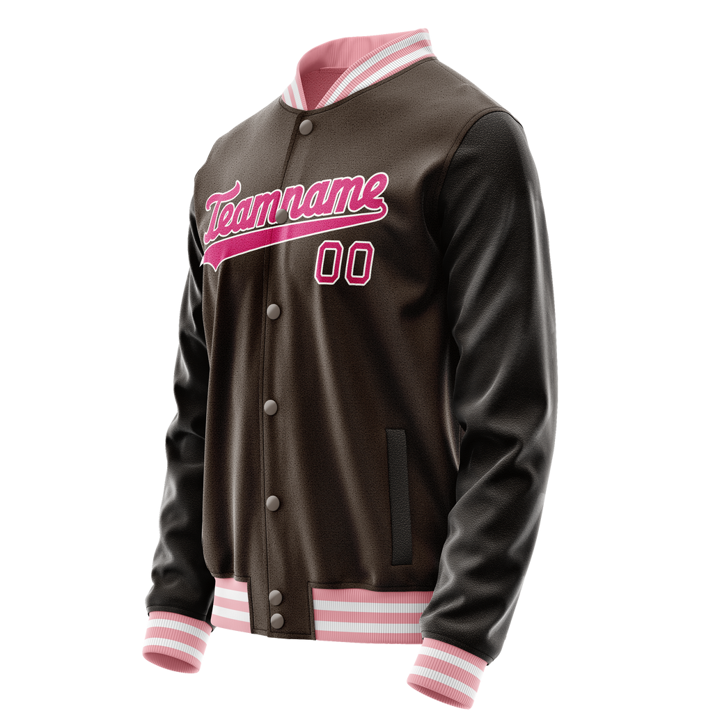 Custom Brown Pink Solid Color Varsity Letterman Jacket