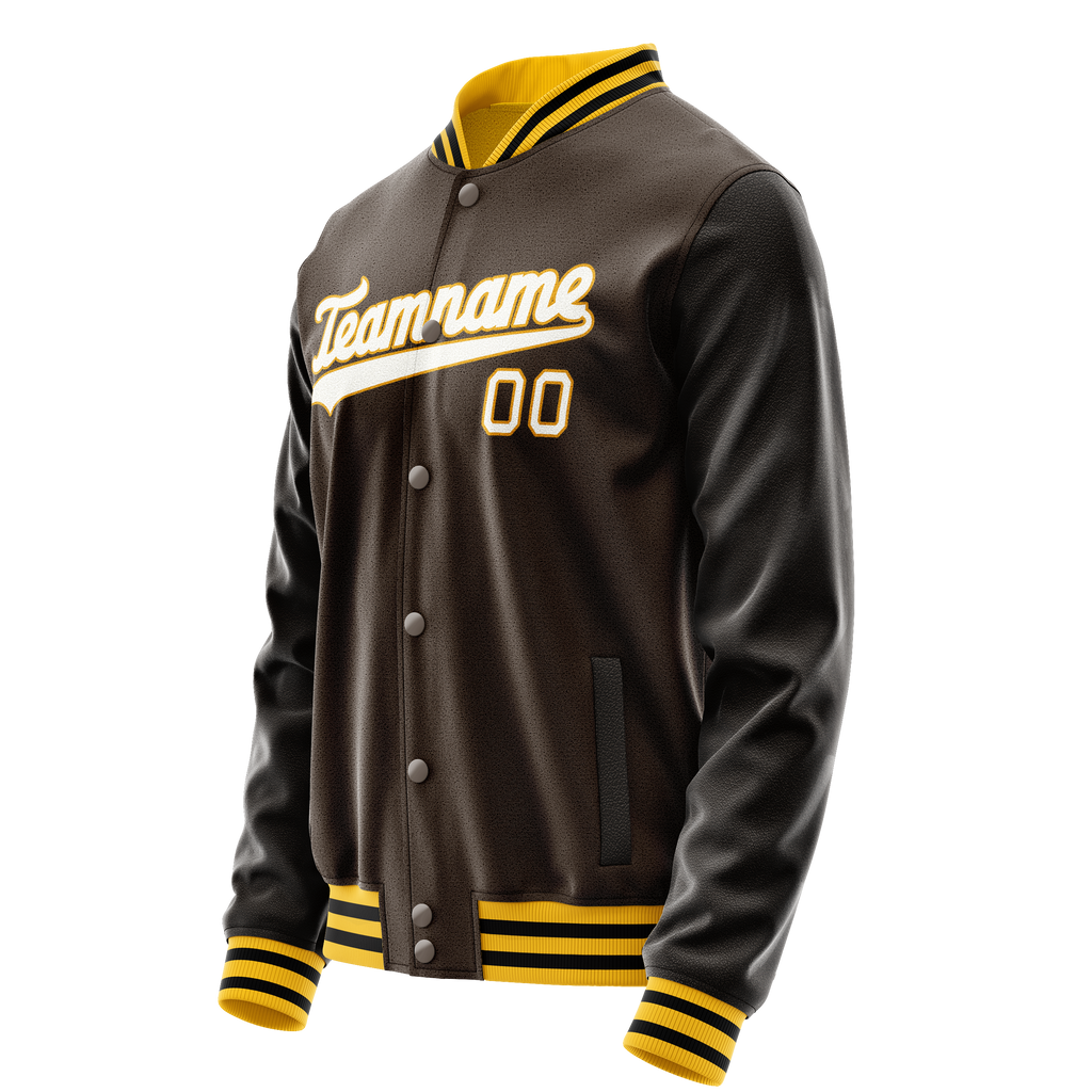 Custom Brown White Solid Color Varsity Letterman Jacket