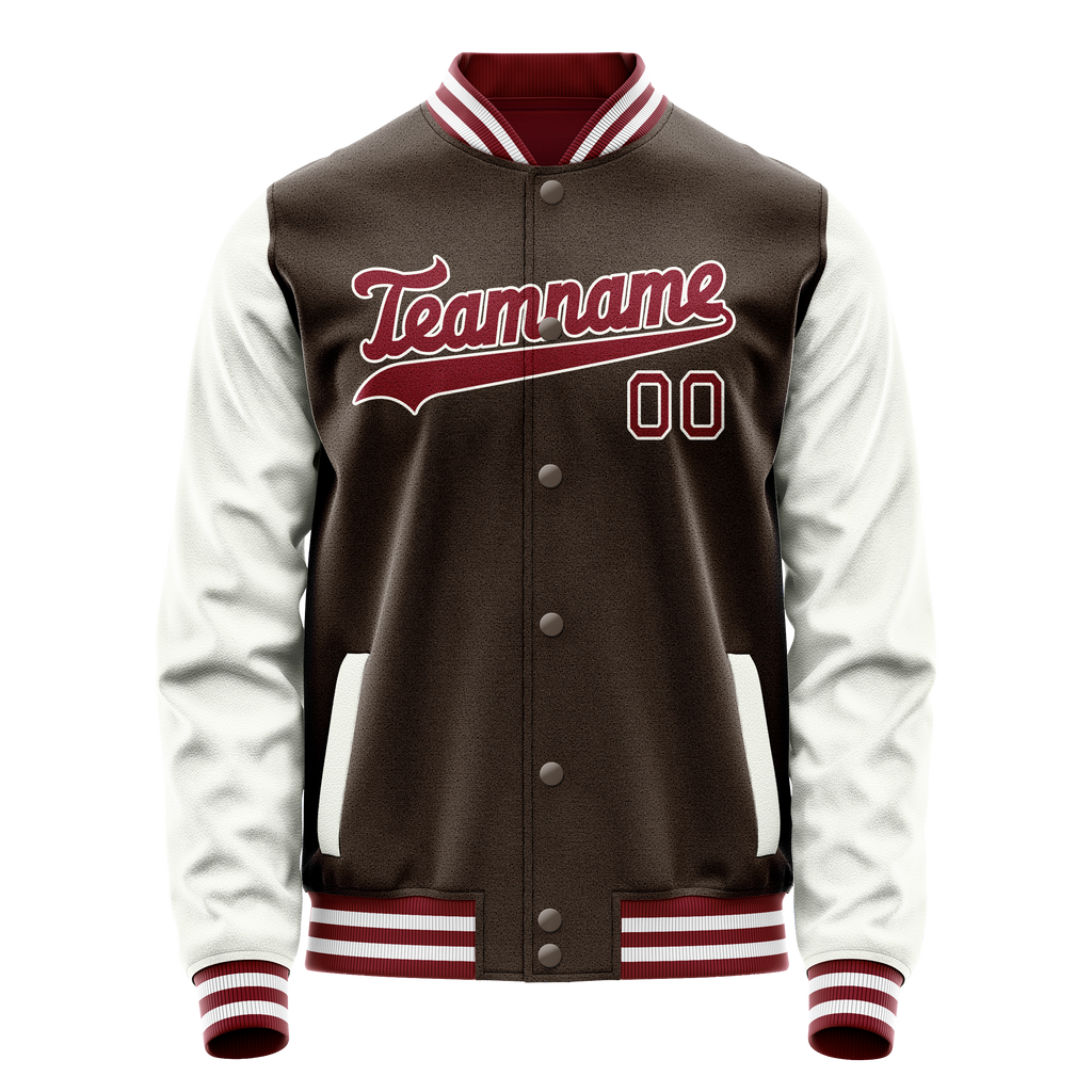 Custom Brown White Solid Color Varsity Letterman Jacket