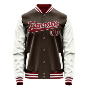 Custom Brown White Solid Color Varsity Letterman Jacket