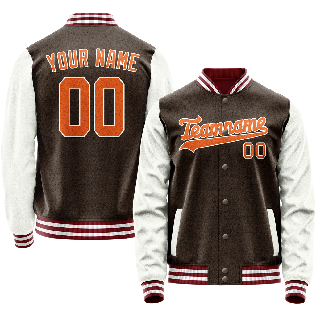 Custom Brown White Solid Color Varsity Letterman Jacket