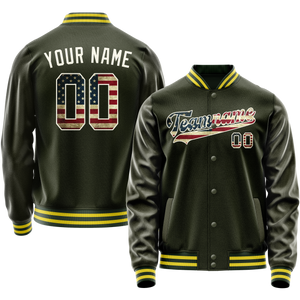Custom Olive Cream Vintage Usa Flag Varsity Letterman Jacket
