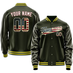Custom Olive Cream Vintage Usa Flag Varsity Letterman Jacket