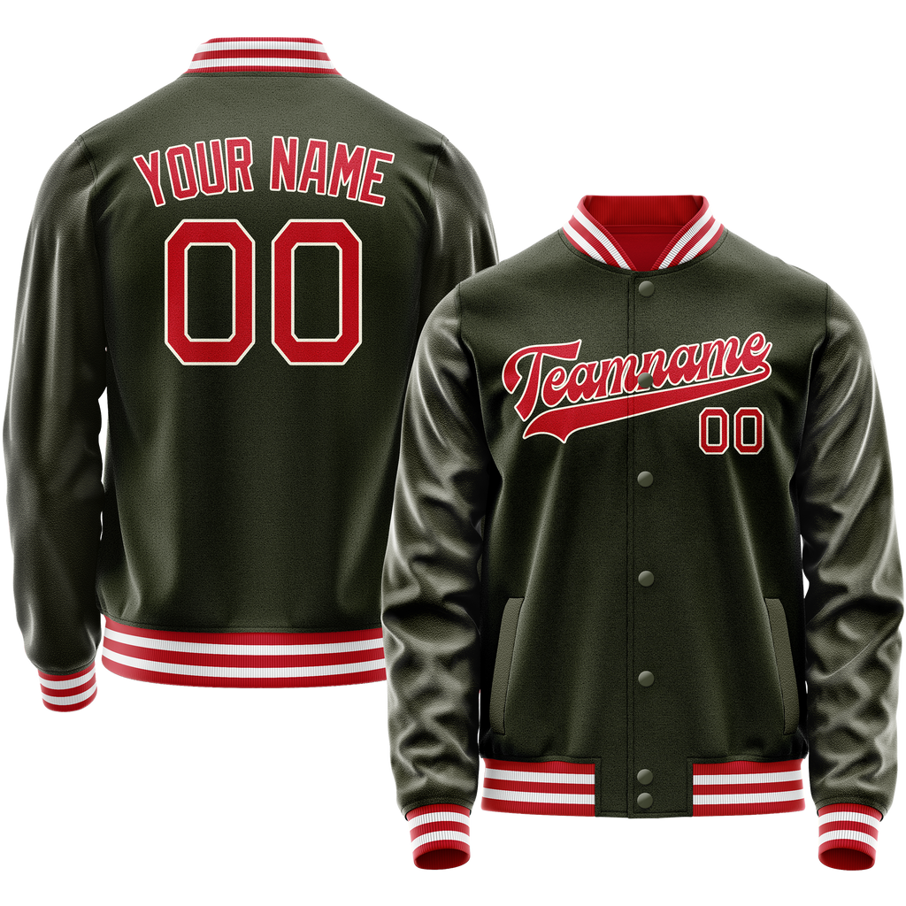 Custom Olive Red Solid Color Varsity Letterman Jacket