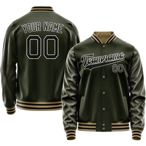 Custom Olive Black Solid Color Varsity Letterman Jacket