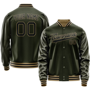 Custom Olive Black Solid Color Varsity Letterman Jacket