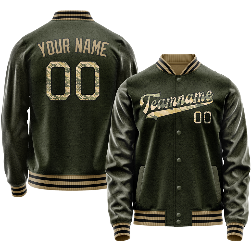 Custom Olive Camo Solid Color Varsity Letterman Jacket