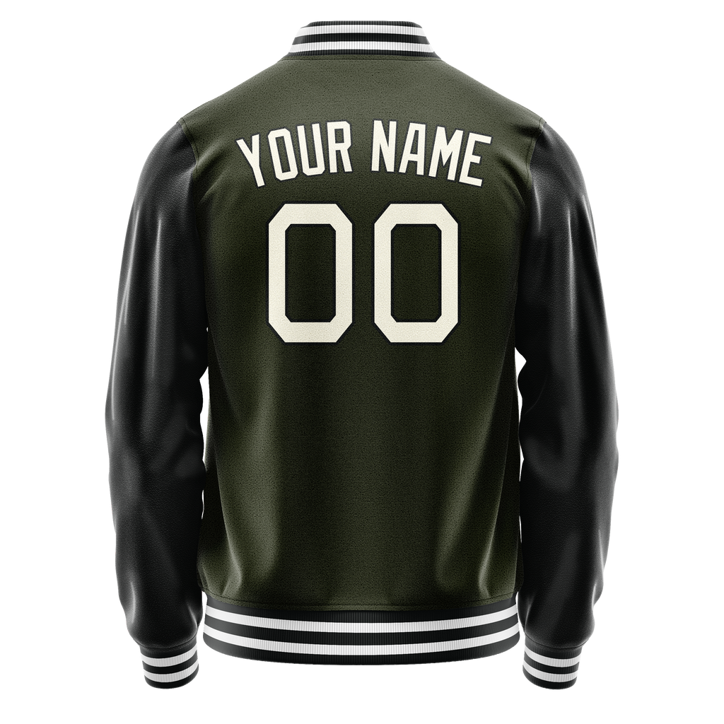 Custom Olive Black Solid Color Varsity Letterman Jacket