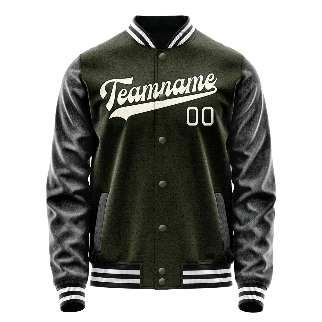 Custom Olive Black Solid Color Varsity Letterman Jacket