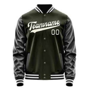 Custom Olive Black Solid Color Varsity Letterman Jacket