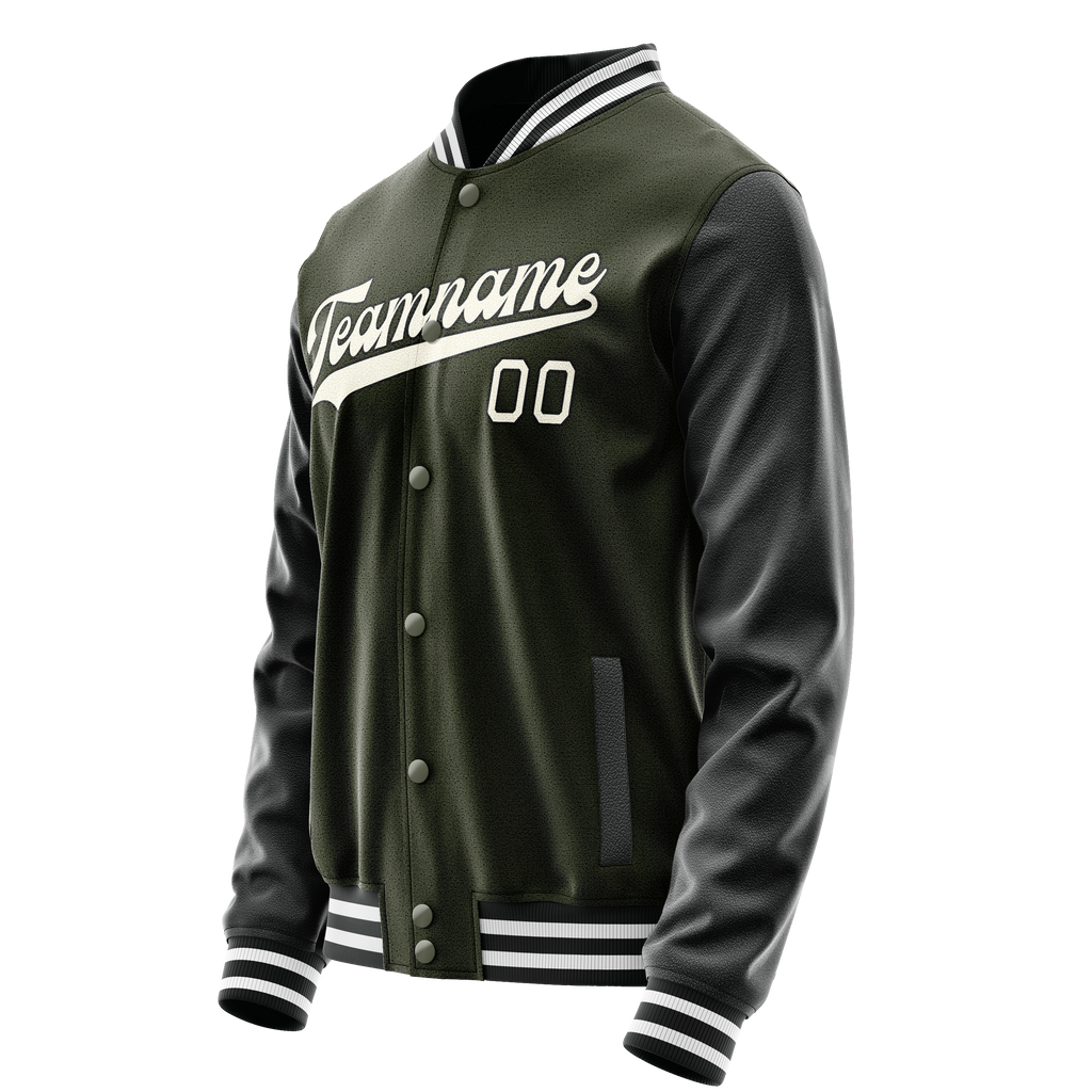Custom Olive Black Solid Color Varsity Letterman Jacket