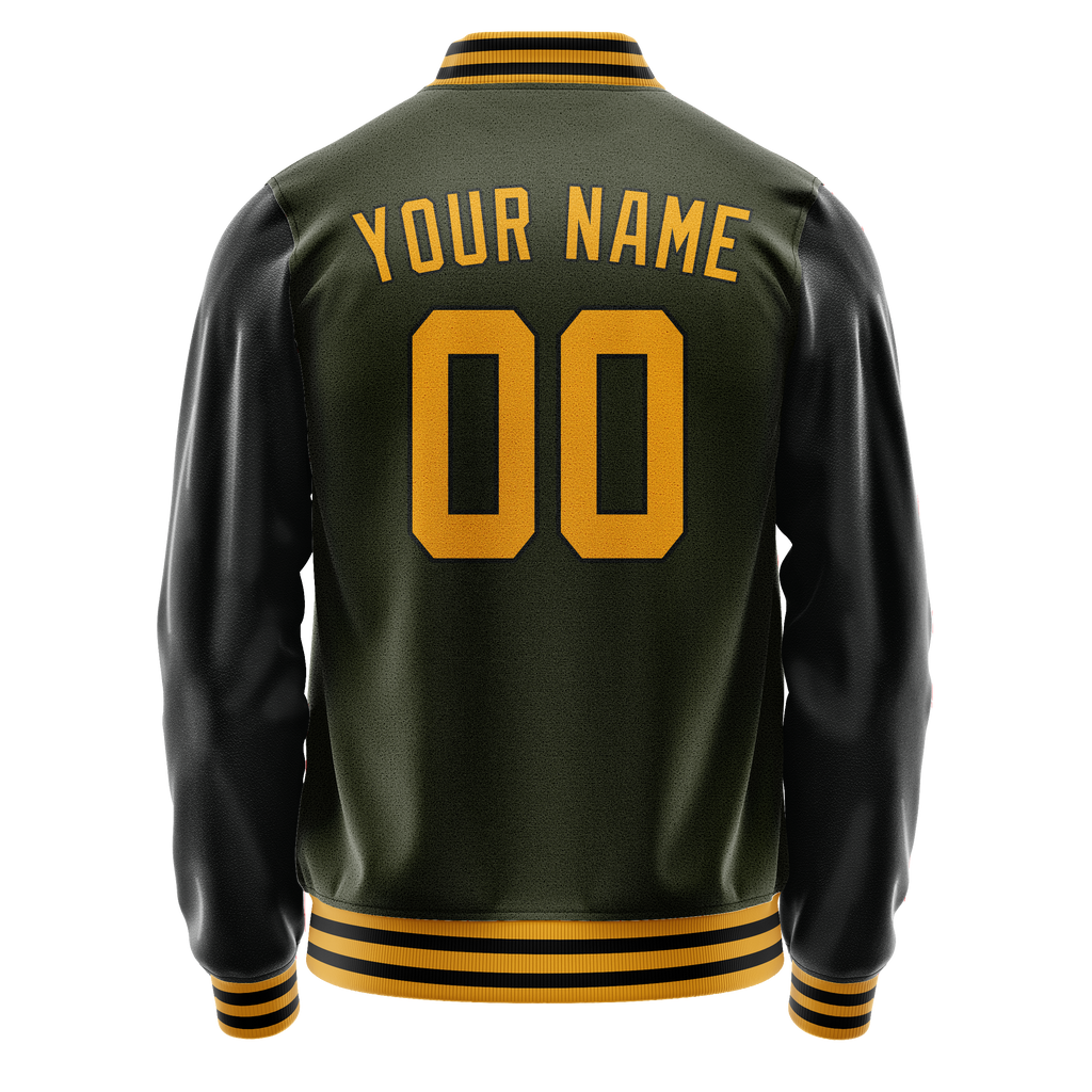 Custom Olive Black Solid Color Varsity Letterman Jacket