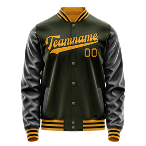 Custom Olive Black Solid Color Varsity Letterman Jacket