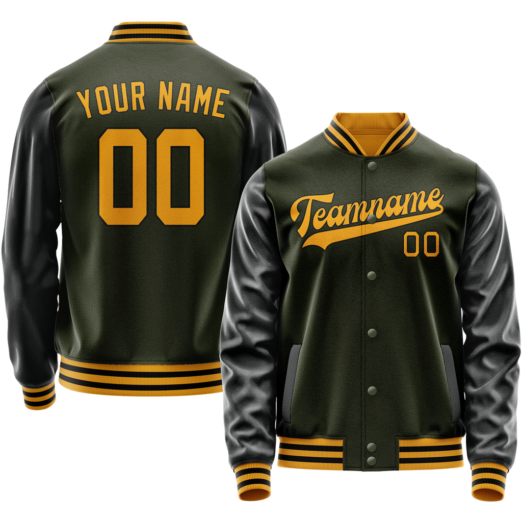 Custom Olive Black Solid Color Varsity Letterman Jacket