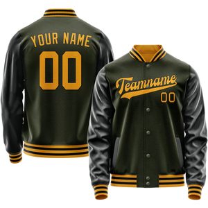 Custom Olive Black Solid Color Varsity Letterman Jacket