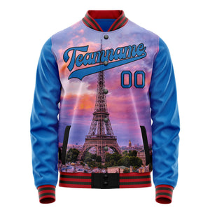 Custom Electric-Blue Black Eiffel Tower 3D Varsity Letterman Jacket JA02240617YH143