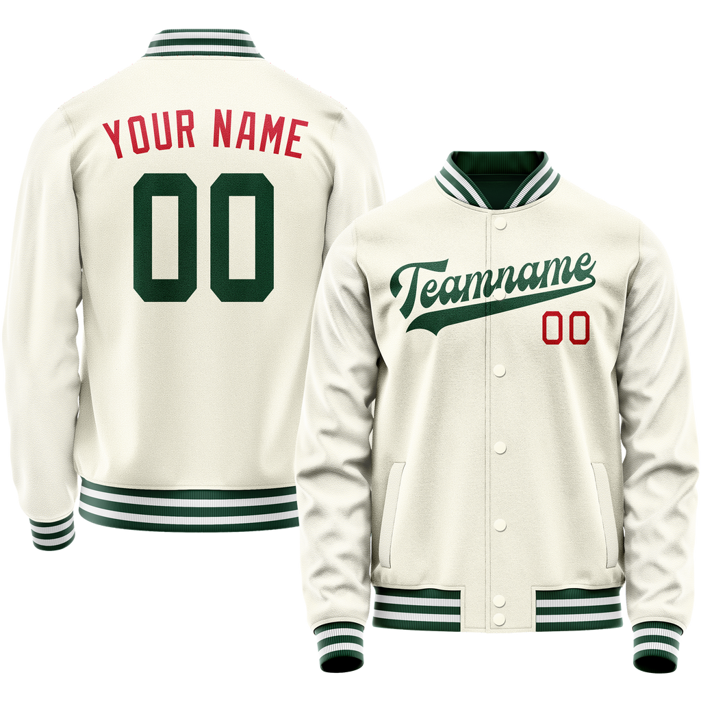 Custom Cream Kelly-Green Solid Color Varsity Letterman Jacket