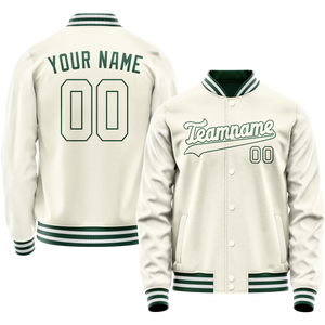 Custom Cream Kelly-Green Solid Color Varsity Letterman Jacket