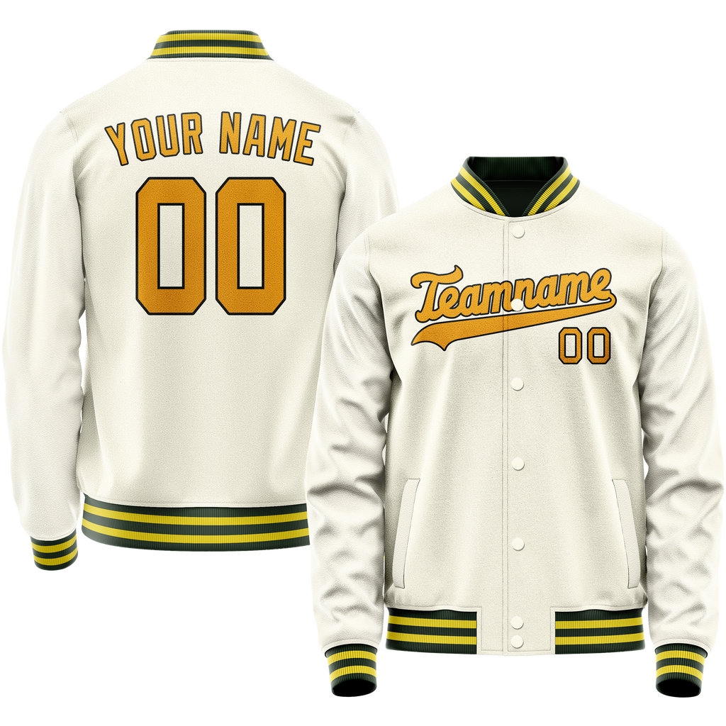 Custom Cream Gold Solid Color Varsity Letterman Jacket