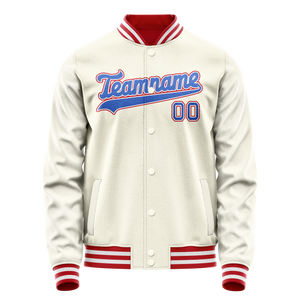 Custom Cream Red Solid Color Varsity Letterman Jacket