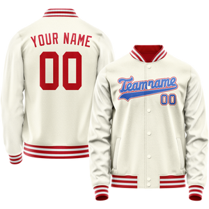 Custom Cream Red Solid Color Varsity Letterman Jacket