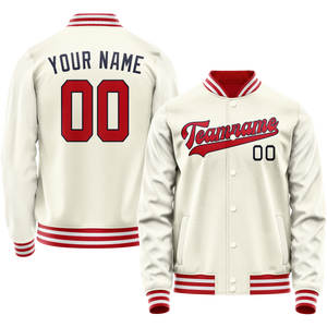 Custom Cream Red Solid Color Varsity Letterman Jacket