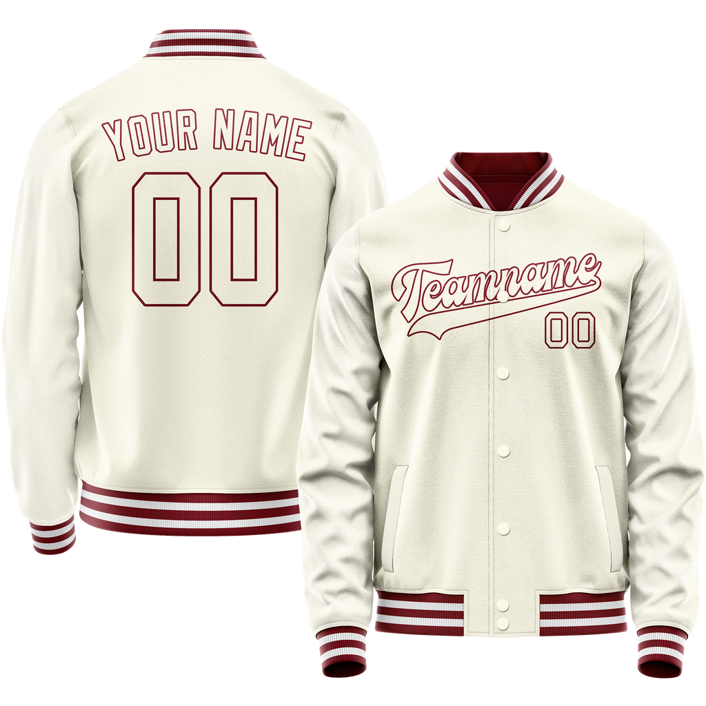 Custom Cream Red Solid Color Varsity Letterman Jacket