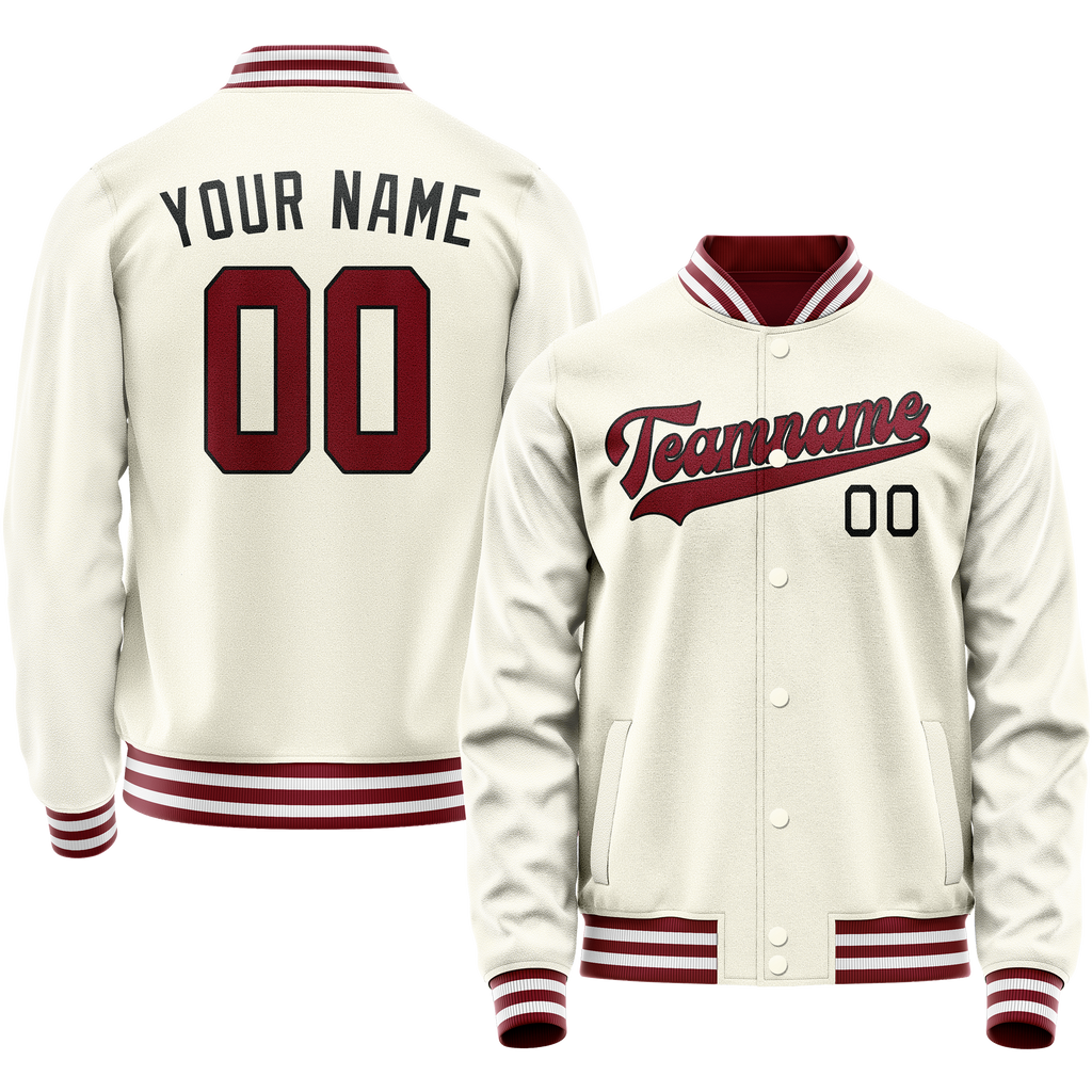 Custom Cream Red Solid Color Varsity Letterman Jacket