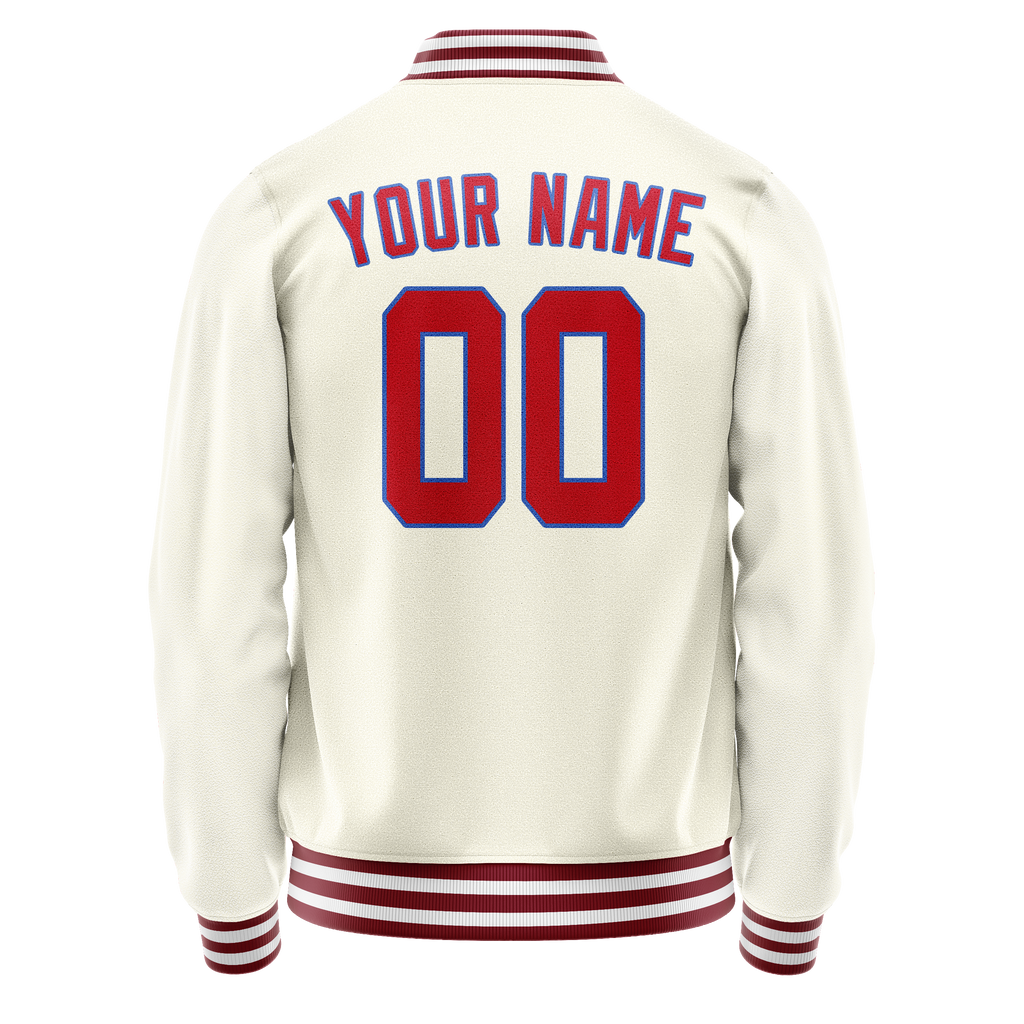 Custom Cream Red Solid Color Varsity Letterman Jacket