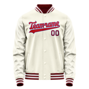 Custom Cream Red Solid Color Varsity Letterman Jacket