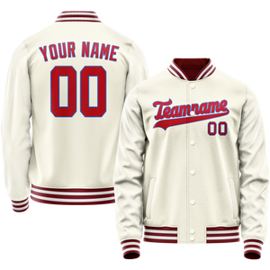 Custom Cream Red Solid Color Varsity Letterman Jacket