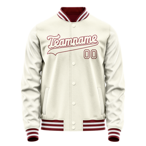 Custom Cream Crimson Solid Color Varsity Letterman Jacket
