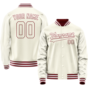 Custom Cream Crimson Solid Color Varsity Letterman Jacket