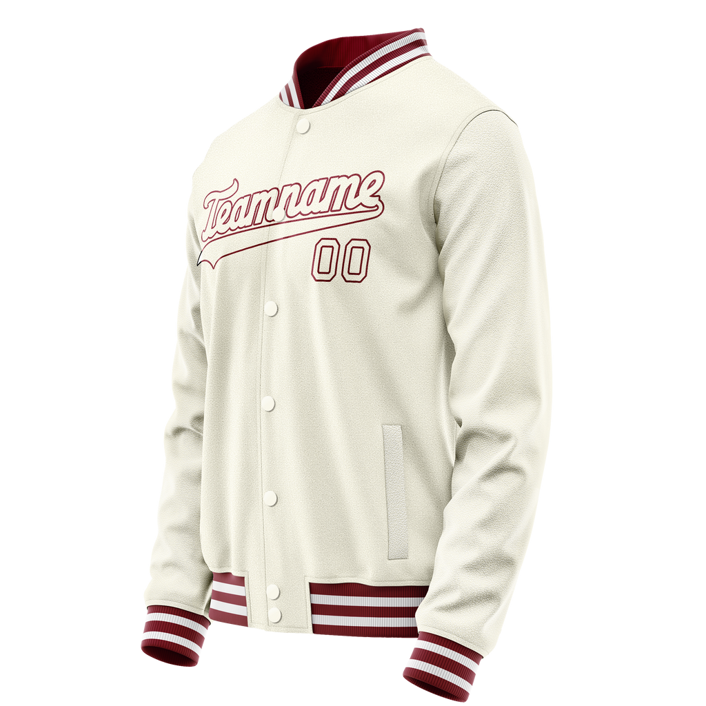 Custom Cream Crimson Solid Color Varsity Letterman Jacket