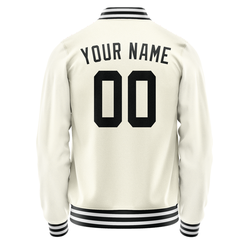 Custom Cream Black Solid Color Varsity Letterman Jacket