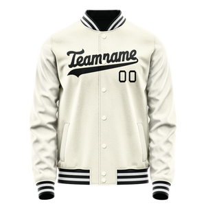 Custom Cream Black Solid Color Varsity Letterman Jacket