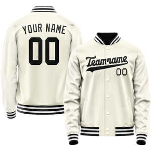 Custom Cream Black Solid Color Varsity Letterman Jacket